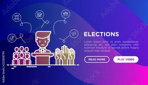 Election and voting concept with thin line icons: voters, debate, president, political victory. Modern vector illustration, web page template.