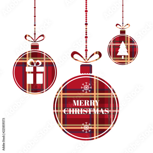 Christmas balls with scottish texture. Bright Xmas balls with christmas tree, present, snowflakes, ribbon. Winter holiday design. Vector illustration