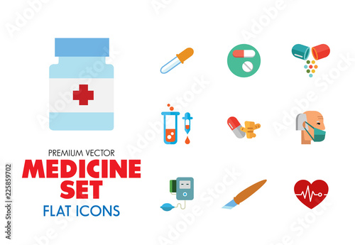 Medicine icon set. Capsule, pill, syringe, scalpel, microscope. Medication concept. Can be used for topics like medical help, lad research, test, emergency