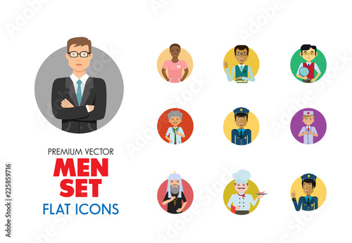 Men vector icon set. Teacher, businessman, scientist, engineer, pilot. Occupation concept. Can be used for topics like professional, vocation, uniform, character