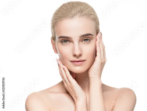 Obraz Healthy skin face closeup woman isolated on white female with natural makeup blonde hair beauty