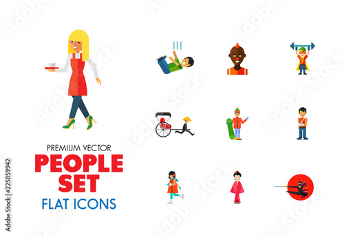 People icon set. Falling down the stairs, slipping, snowboarder, ninja. Extreme activity concept. Can be used for topics like caution, comics, freaks