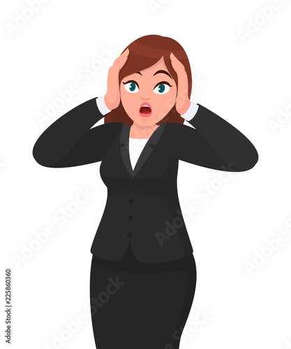 Shocked panic unhappy businesswoman holding hands on head and screaming in despair and frustration her eyes full of terror, mouth dropped open. Human emotion and body language concept illustration.