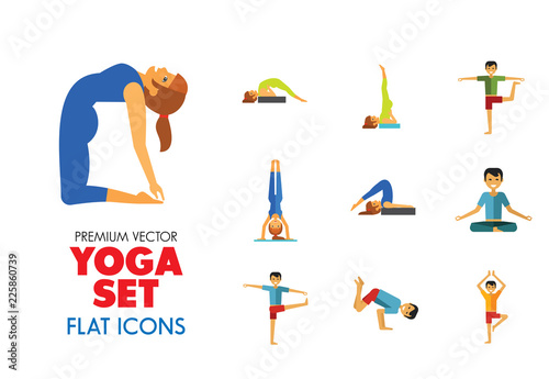 Yoga Icon Set. Meditation Rajakapotasana Sarvangasana Halasana Ustrasana Astavakasana Bakasana Handstand Virabhadrasana Svanasana Prasarita