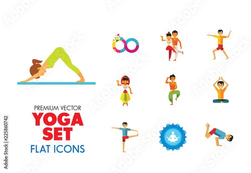 Yoga Icon Set. Infinity Meditation Handstand Virabhadrasana Lotus Position Yoga Sign Man Meditating Yogi Man Doing Yoga Man Doing Exercises Vrksasana Virabhadrasana Virasana