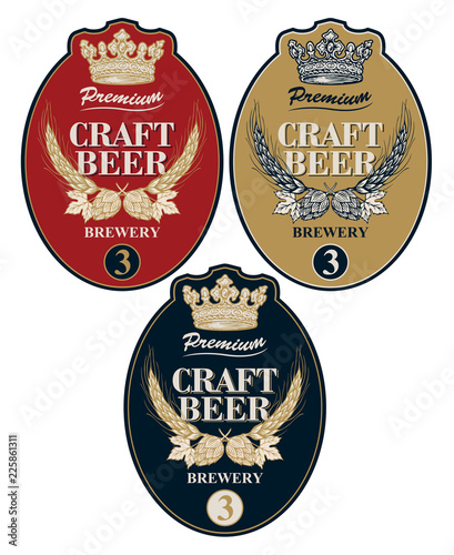 Set of three vector labels for craft beer in retro style. Template beer label with wheat or barley ears, hops and crown in figured frame.