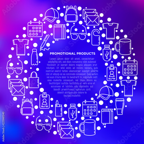 Promotional products concept in circle with thin line icons: notebook, tote bag, sunglasses, t-shirt, water bottle, pen, backpack, cup, hat, travel mug, usb. Vector illustration, print media template.