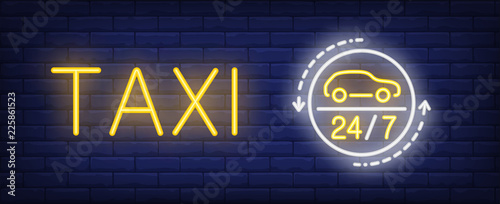 Taxi neon text twenty four seven sign. Taxi service, transportation and advertisement design. Night bright neon sign, colorful billboard, light banner. Vector illustration in neon style.