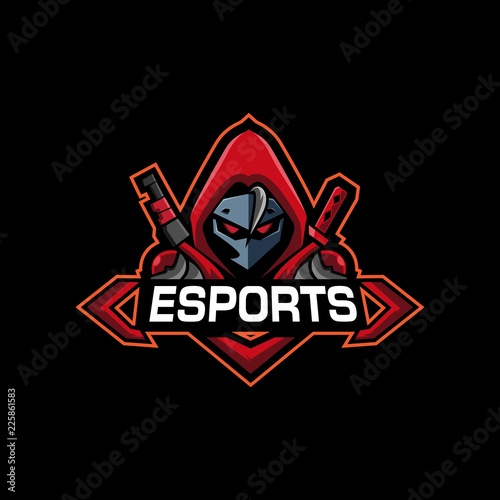 red hoodie mysterious man with katana for esports logo