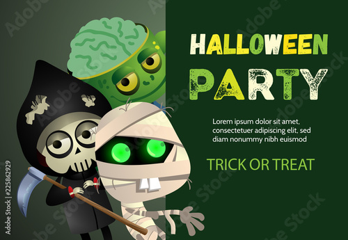 Halloween party trick or treat zombie poster Inscription with cartoon characters of zombie monster, skeleton and mummy on dark green background. Can be used for invitations, presentations