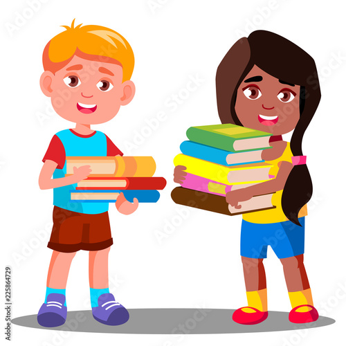 Child Is Carrying A Heavy Pile Of Books Vector. Isolated Illustration