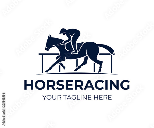 Horse racing, horse with jockey on horse race track, logo design. Equestrian sport, jockey riding and horse racing club, vector design and illustration