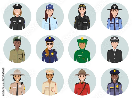 International police concept. Different policeman characters avatars icons set in flat style. Illustrations of sheriff, gendarme and policewoman. Vector illustration.