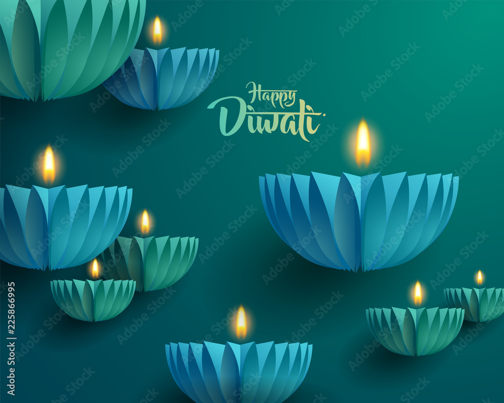 Fototapeta premium Happy Diwali. Paper graphic of Indian Diya oil lamp design. The Indian festival of lights.