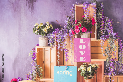 Happy Valentine's Day.Spring flowers, festive decoration.valentine's day card. Party interior. Spring holidays. Happy birthday photo session interior. Toned image. Copy space photo