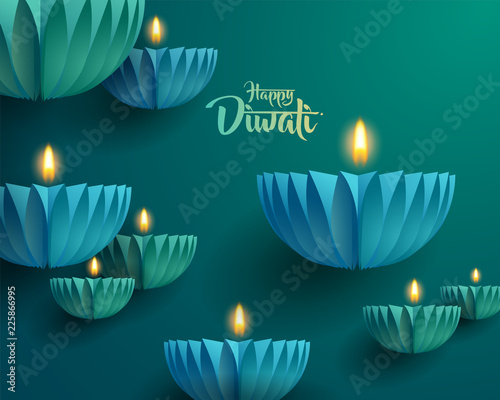 Happy Diwali. Paper graphic of Indian Diya oil lamp design. The Indian festival of lights.