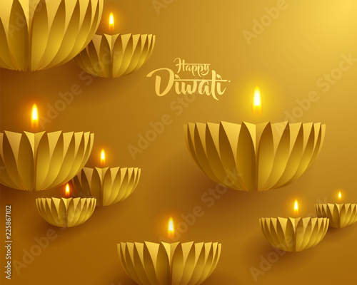 Happy Diwali. Paper graphic of Indian Diya oil lamp design. The Indian festival of lights.