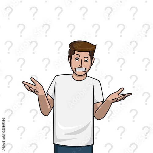 gag man shrug, doubt on the question mark white background, vector illustration.