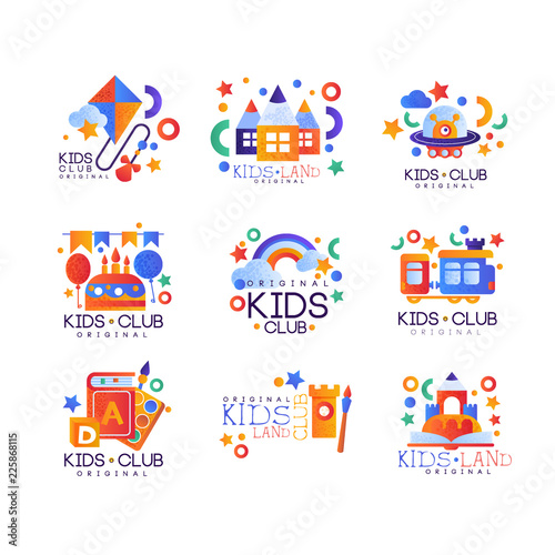 Kids club logo original set, colorful creative labels templates, playground or entertainment club badges vector Illustration on a white background