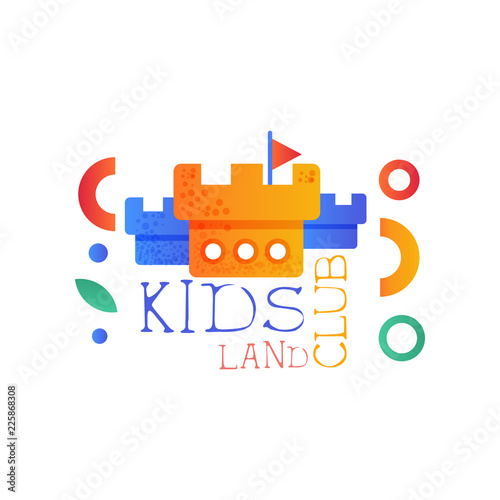 Kids land club logo original, creative label template, science education curricular club badge with castle towers vector Illustration on a white background