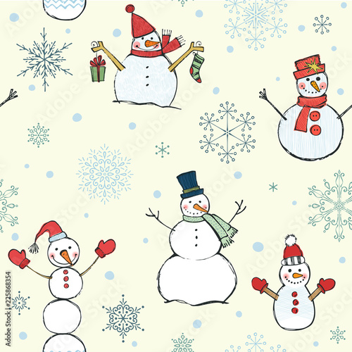 Seamless pattern with cartoon snowman