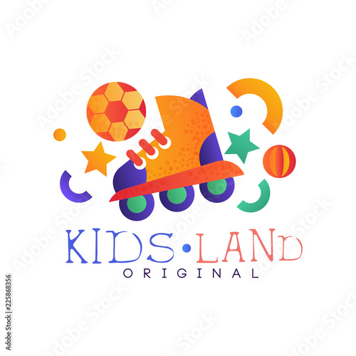 Kids land logo original, colorful creative label template, playground, entertainment or sport club badge wirh roller blades vector Illustration on a white background