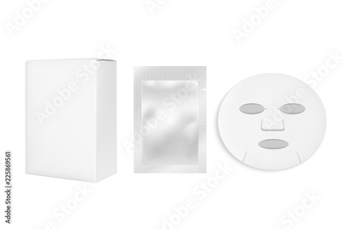 Cosmetic sheet mask. Blank foil or plastic sachet and box for medicines