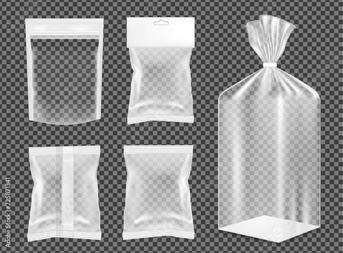 Transparent empty plastic packaging. Blank foil sachet for food and gift
