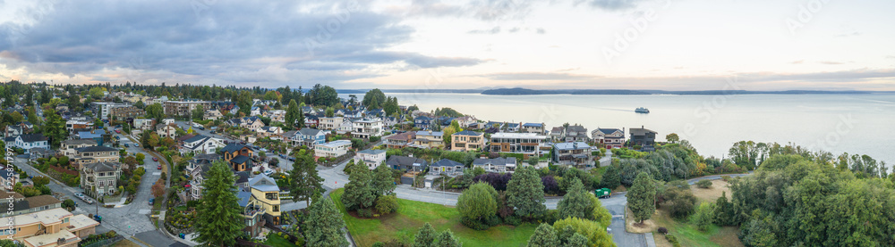 Aerial drone panorama residential real estate in Seattle Washington