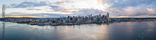 Aerial panorama far shot Seattle waterfront
