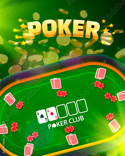 Poker table with the cards and chips on a green background. Vector illustration