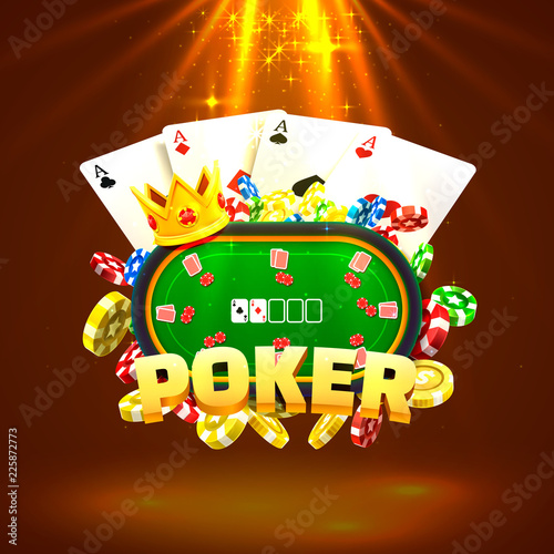 Poker table with the cards and chips on a gold background. Vector illustration