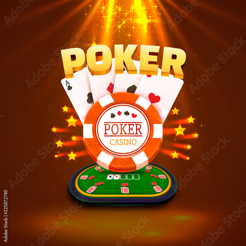 Poker table with the cards and chips on a gold background. Vector illustration