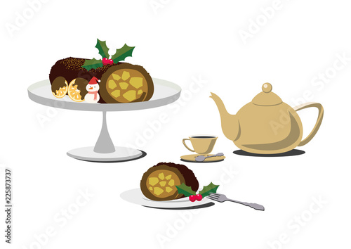 ブッシュドノエル。クリスマスケーキ。バースデーケーキ。ティーセット。紅茶とケーキのイメージ。ティータイムのイメージ。
