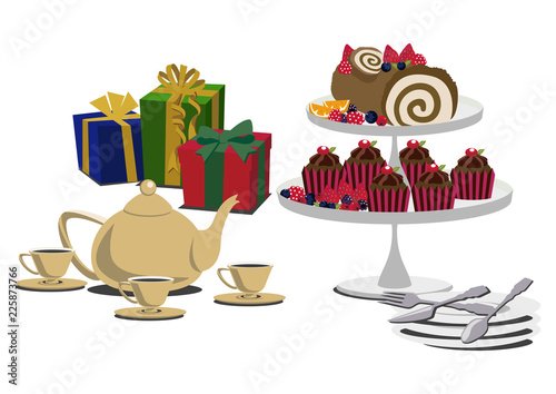 ブッシュドノエル。クリスマスケーキ。バースデーケーキ。ティーセット。紅茶とケーキのイメージ。ティータイムのイメージ。