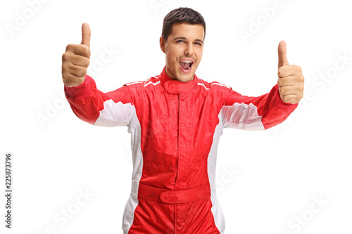 Happy male racer showing thumbs up