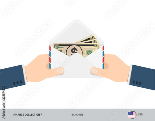 5 US Dollar Banknotes in envelope hold in hand. Flat style opened white envelope with cash. Salary payout or corruption concept.
