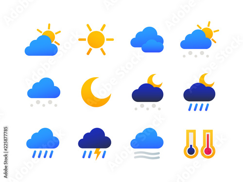 Weather types symbols - set of flat design style icons