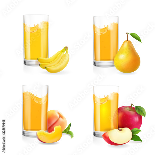 Fruit juice in glass set. Banana, apple, pear, peach drink.