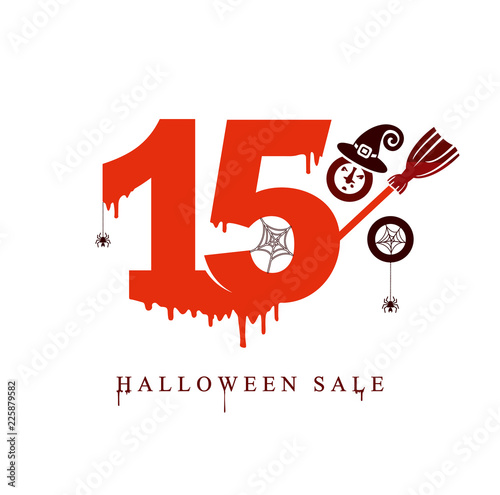 Halloween Sale 15 discounts. Vector banner of holiday sale cheerful witch. Red blood drawn figures 15%. Sign of interest in the form of a head in a witch's hood and witch's broomstick.
