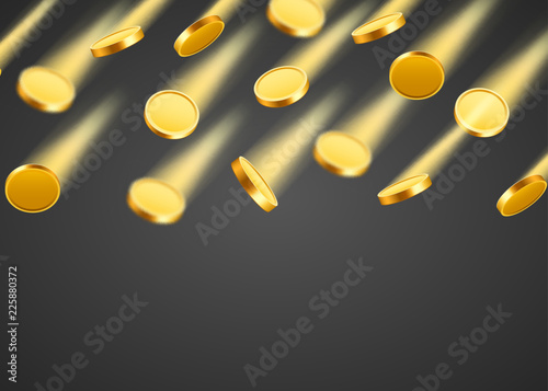 Falling coins, falling money, flying gold coins, golden rain. Jackpot or success concept. Modern background. Vector illustration