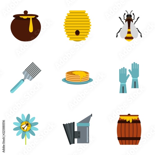 Honey and bee icons set. Flat illustration of 9 honey and bee vector icons for web