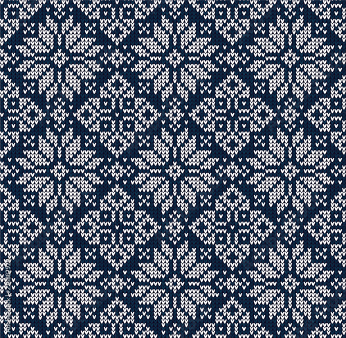 Ugly sweater Merry Christmas Season Winter seamless background . Vector illustration seamless knitted pattern with snowflakes, stars, scandinavian ornaments. White, blue colors