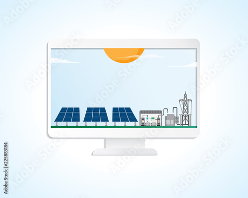 solar cell energy, solar cell power plant in screen monitor graphic