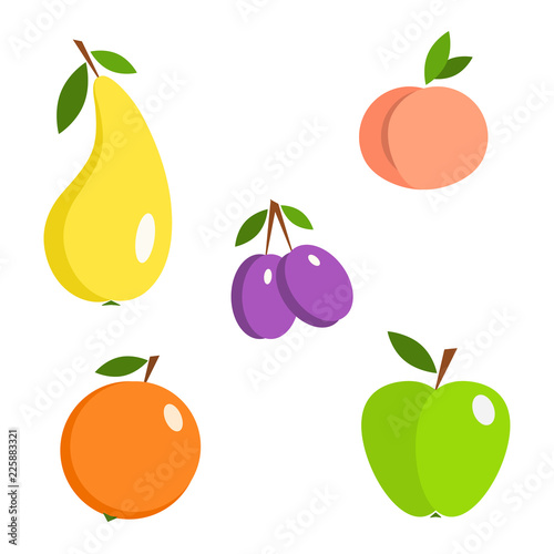 Set of vector fruits. Plum, peach, orange, pear, apple.