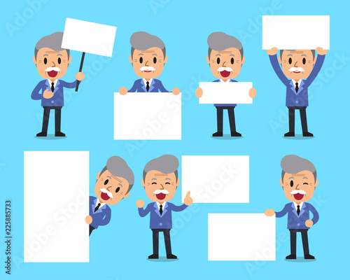 Set of senior businessman with blank white banner for design.