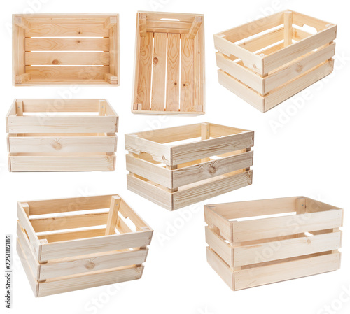 Set of wooden crates isolated on white background photo