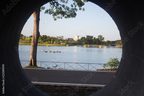 close up of concrete pipe and view background