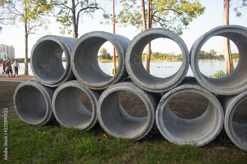 The concrete drainage pipes are in construction area