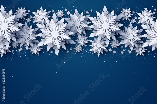Vector Merry Christmas and Happy New Year greeting card design with white layered paper cut snowflakes on dark blue background. Seasonal Christmas and New Year holidays paper art banner, poster